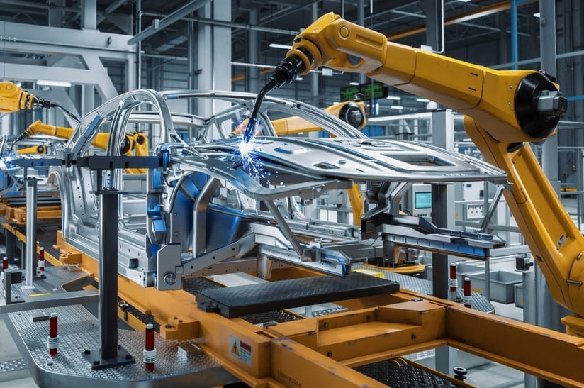 Das Foto zeigt einen Schweißroboter und eine Autokarosserie. Das Stahlinstitut VDEh hat zwei Stahl-Eisen-Prüfblätter veröffentlicht, von denen sich eines mit dem Laserauftragsschweißen im Automobilbau beschäftigt.